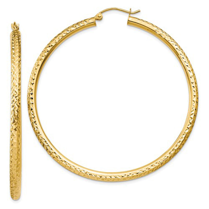 14k Yellow Gold Diamond Cut Hoop Earrings with a Click-Down Clasp (3mm), All Sizes - LooptyHoops