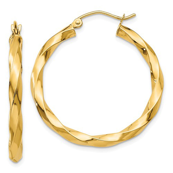 14k Yellow Gold Twisted Taffy Hoop Earrings, All Sizes