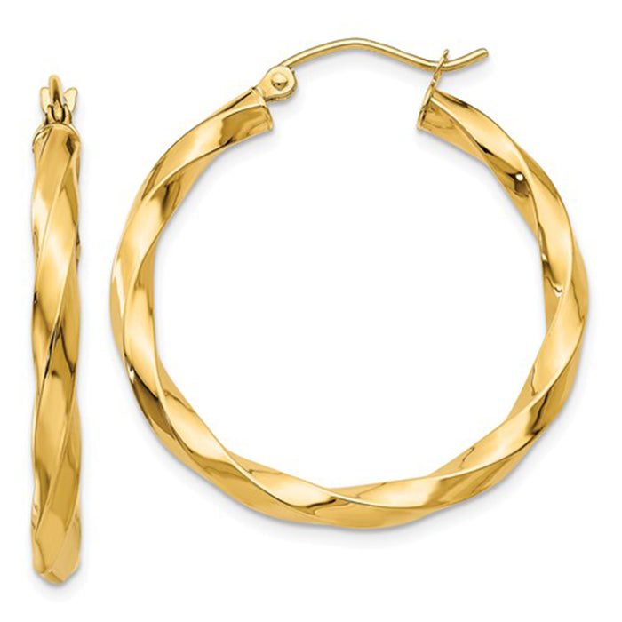 14k Yellow Gold Twisted Taffy Hoop Earrings (3mm), All Sizes - LooptyHoops