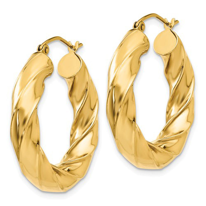 14k Yellow Gold Twisted Hoop Earrings (5mm), All Sizes