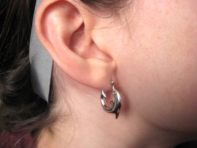 14k White Gold Dolphin Hoop Earrings - LooptyHoops