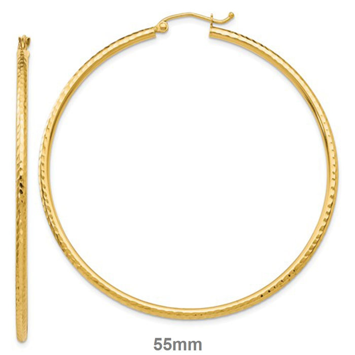 14k Yellow Gold Diamond Cut Click-down Hoop Earrings (2mm), All Sizes - LooptyHoops