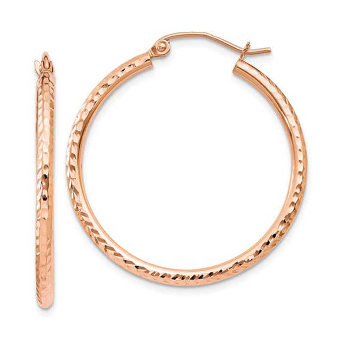 14K Rose Gold Diamond Cut Tube Hoop Earrings (2mm), All Sizes - LooptyHoops