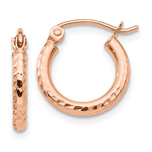 Small 14K Rose Gold Diamond Cut Tube Hoop Earrings, .50 In (13mm) (2mm Tube) - LooptyHoops