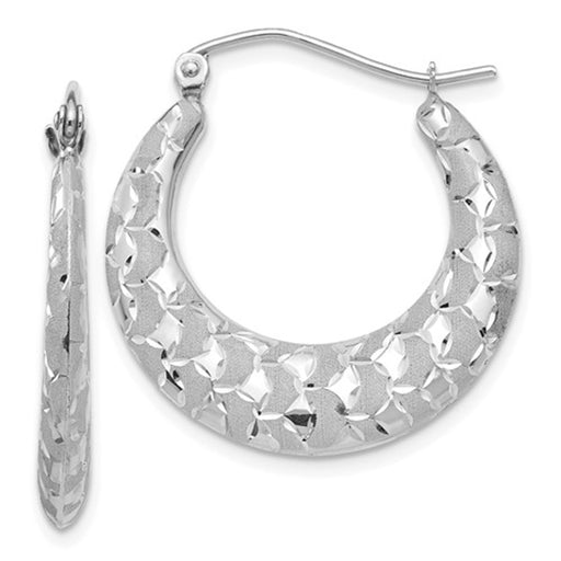 14k White Gold Diamond Cut & Satin Half Moon Hoop Earrings (4mm), 1.00" (26 mm) - LooptyHoops