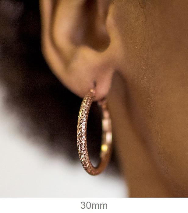 14k Rose Gold Thick Diamond Cut Hoop Earrings (3mm Thick), All Sizes - LooptyHoops