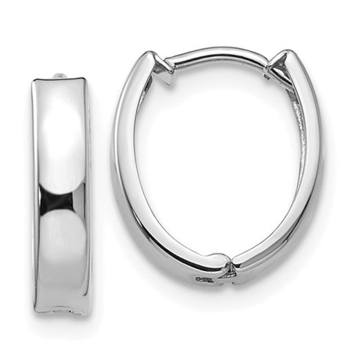 14k White Gold Oval Hinged Huggie Hoop Earrings, .50 Inches (12mm) (3mm Wide) - LooptyHoops