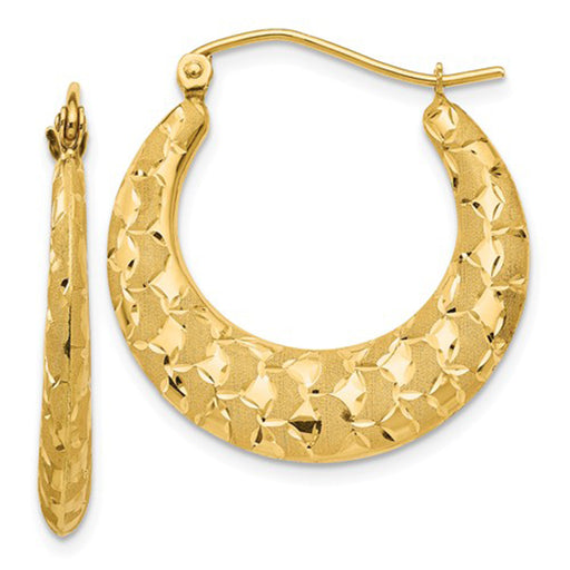 14K Yellow Gold Laser Cut Pattern Crescent Moon Hoop Earrings - LooptyHoops