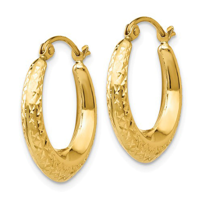 14k Yellow Gold Diamond Cut Textured Crescent Moon Hoop Earrings, 0.7 inch (17mm) - LooptyHoops