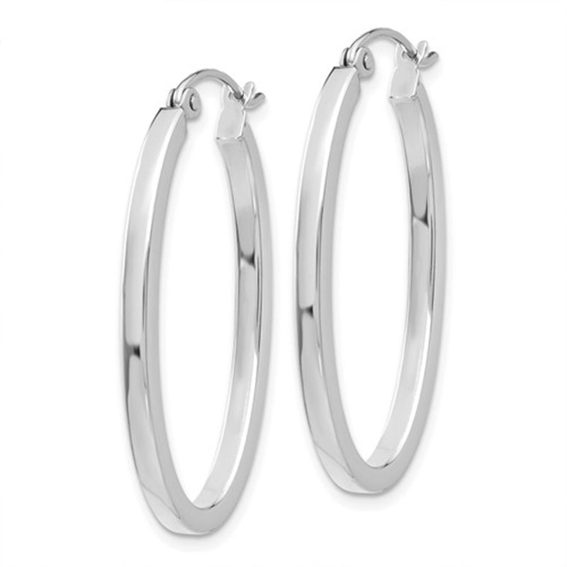 14K White Gold Oval Hoop Earrings w/ Square Tube, 1.2 In (31mm) (2mm Tube) - LooptyHoops