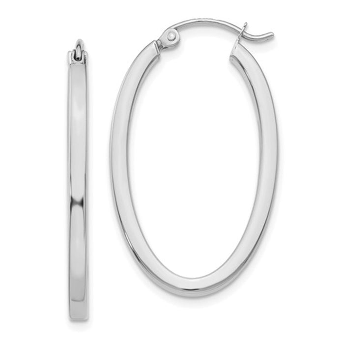 14K White Gold Oval Hoop Earrings w/ Square Tube, 1.2 In (31mm) (2mm Tube) - LooptyHoops