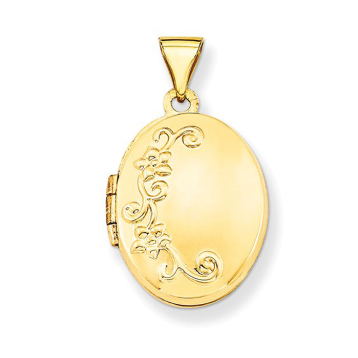 14K Yellow Gold Floral Oval Locket Pendant, 19mm x 17mm - LooptyHoops