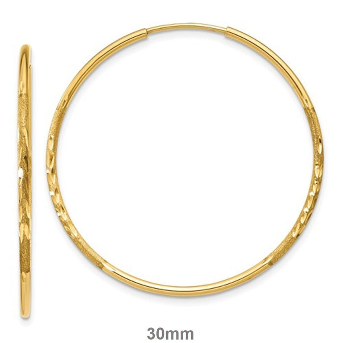 14K Yellow Gold Continuous Endless Diamond Cut Hoop Earrings, (1.25mm Tube) All Sizes - LooptyHoops