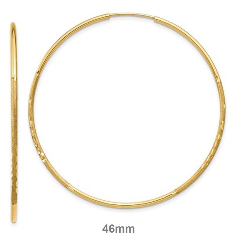 14K Yellow Gold Continuous Endless Diamond Cut Hoop Earrings, (1.25mm Tube) All Sizes - LooptyHoops