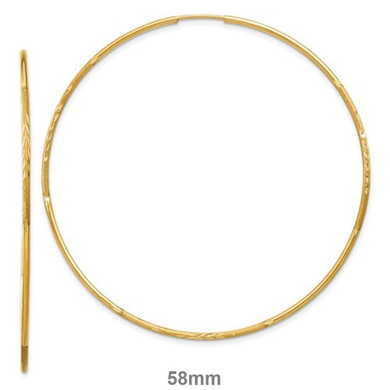 14K Yellow Gold Continuous Endless Diamond Cut Hoop Earrings, (1.25mm Tube) All Sizes - LooptyHoops