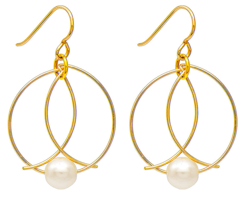 Handmade Yellow Gold-Filled Unique Faux Pearl Broken-Circle Wire Hoop Earrings w/Hook Clasp, 39mm - LooptyHoops