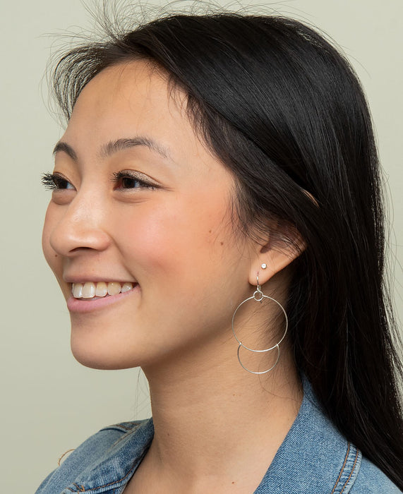Handmade Sterling Silver Dangling Hoop-and-a-Half Hoop Earrings w/Hook Clasp, 47mm - LooptyHoops