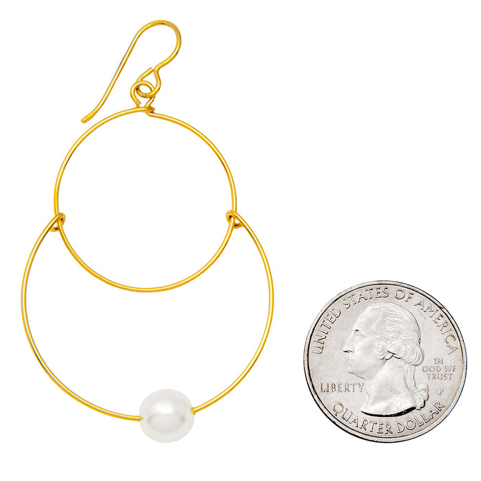 Handmade Yellow Gold-Filled Faux Pearl Dangling Hoop-and-a-Half Hoop Earrings w/Hook Clasp, 46mm - LooptyHoops