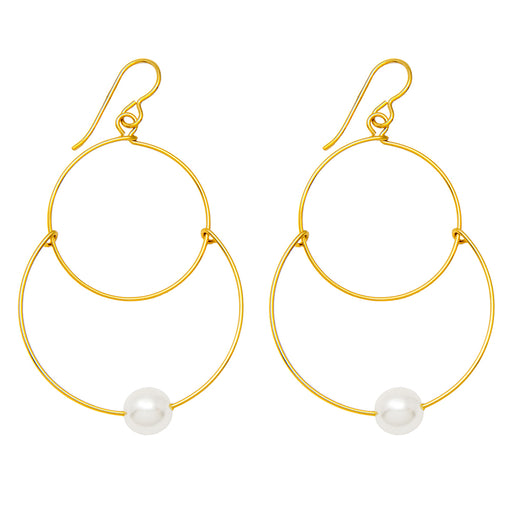 Handmade Yellow Gold-Filled Faux Pearl Dangling Hoop-and-a-Half Hoop Earrings w/Hook Clasp, 46mm