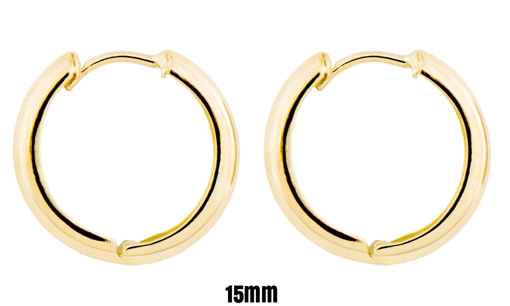 Small 14K Yellow Gold Wide Hinged Huggie Hoop Earrings, 0.5 in (12mm) or 0.6 in (15mm) (3mm Tube) 15mm