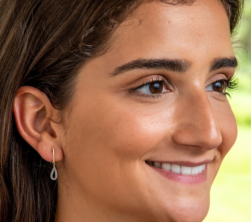 14k Yellow Gold Tiny CZ Teardrop Dangle Earrings, 10mm - LooptyHoops