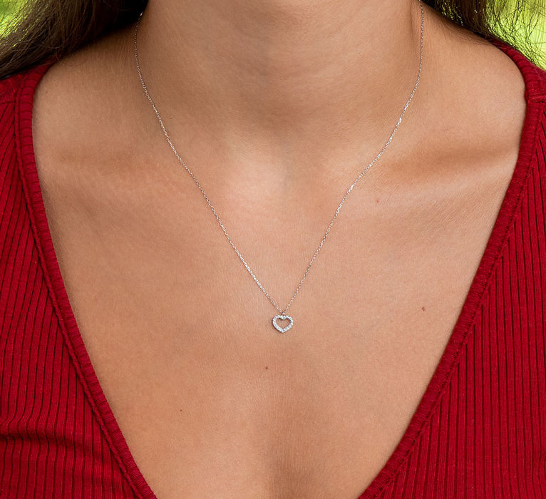 14k White Gold Tiny CZ Heart Pendant Necklace w/18-Inch Chain, 8mm - LooptyHoops