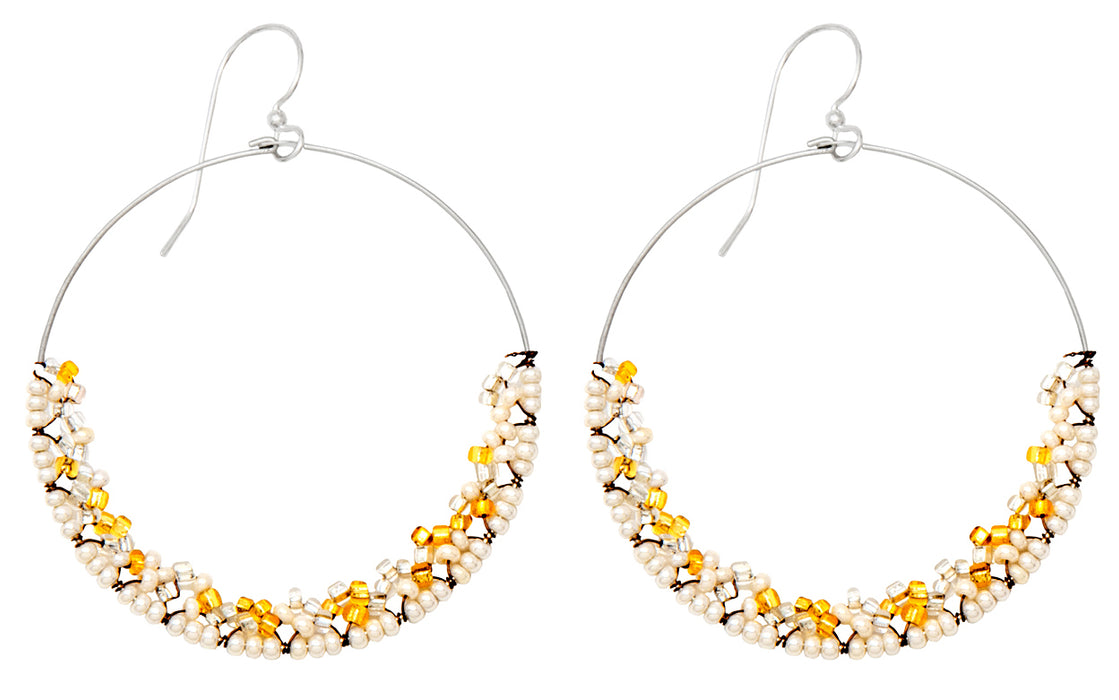 Handmade Yellow Gold-Filled Faux Pearl Dangling Hoop-and-a-Half Hoop Earrings w/Hook Clasp, 46mm